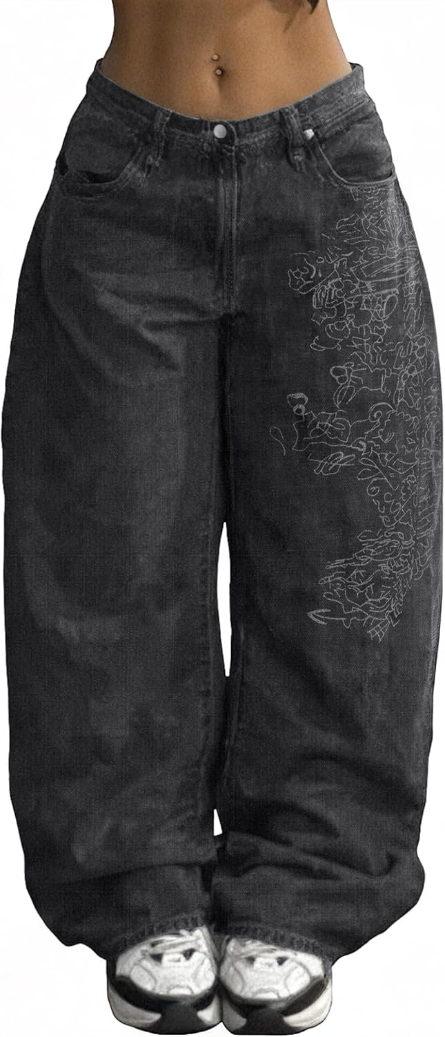 EMMIOL Women Boyfriends Hip Hop 90s Vintage Baggy Jeans Loose Denim Pants Mid Waist Jeans