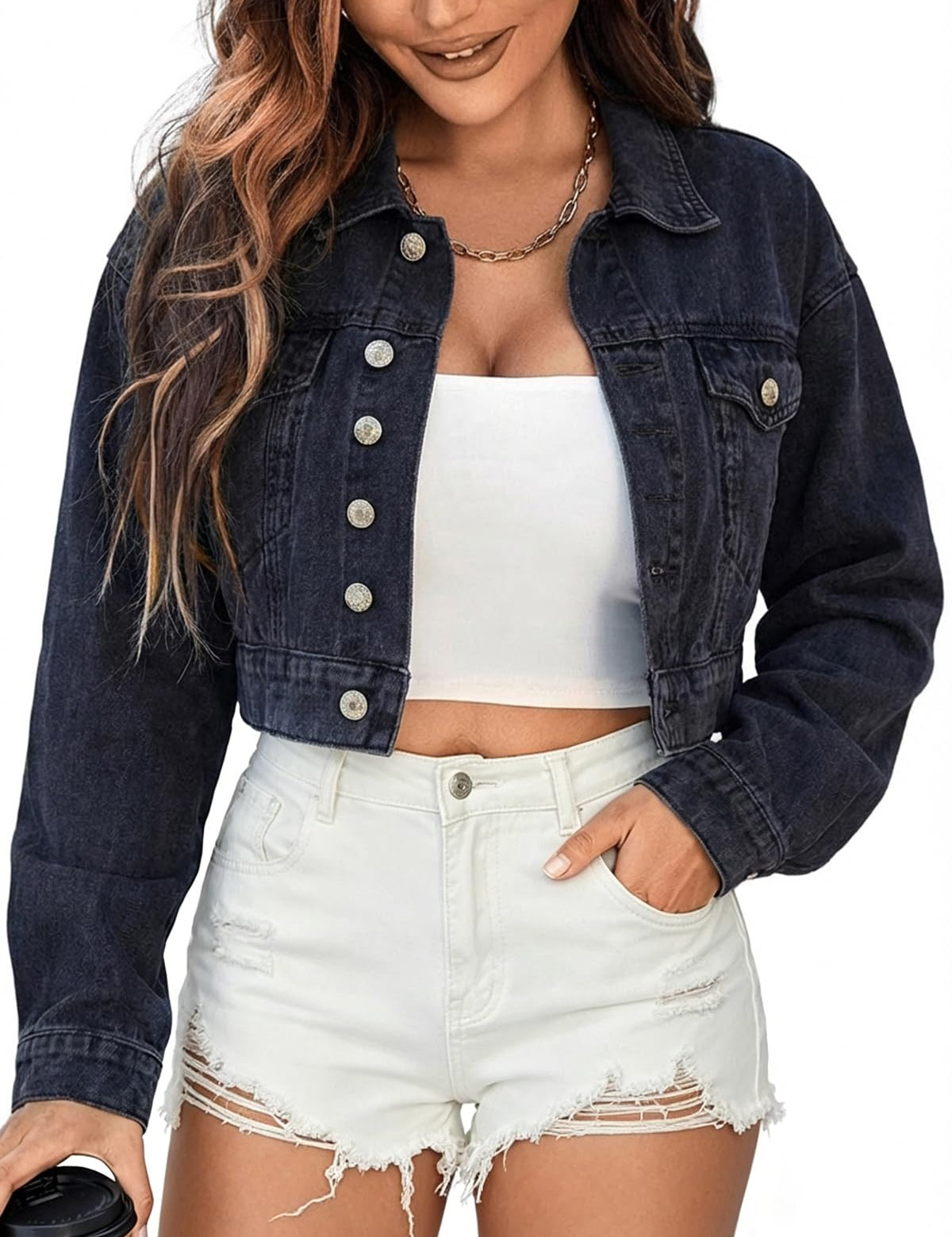 EMMIOL Women's Cropped Denim Jacket Lapel Long Sleeve Button Front | Short Jean Jacket, Chest pockets, Oversized Vintage Wash, Streetwear, Casual, Layering Coat