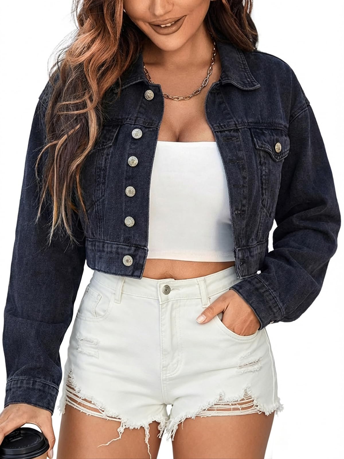 EMMIOL Women's Cropped Denim Jacket Lapel Long Sleeve Button Front | Short Jean Jacket, Chest pockets, Oversized Vintage Wash, Streetwear, Casual, Layering Coat