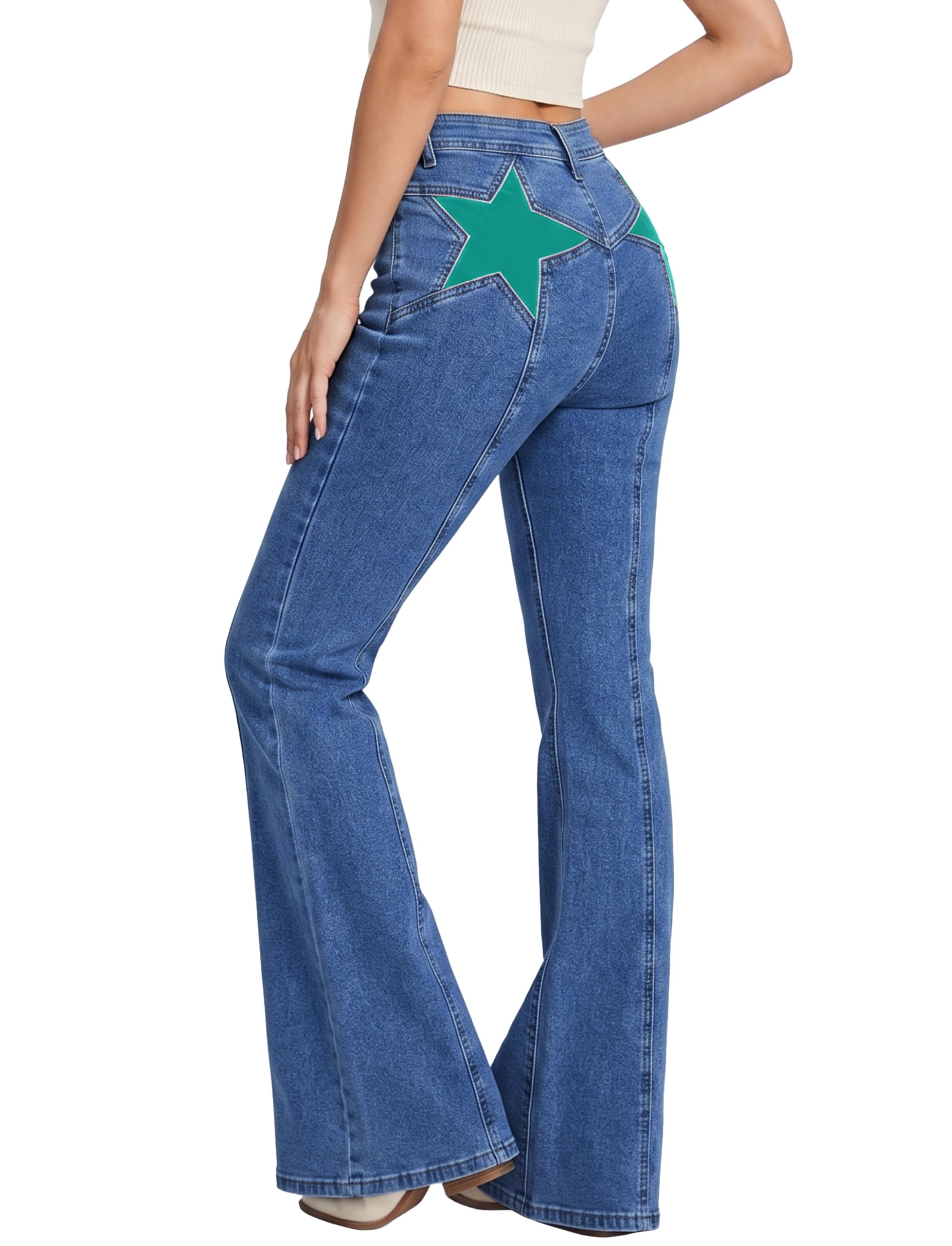 EMMIOL Jeans for Women High Waisted Women's Jeans with Star Patches, Vintage Y2K Denim Pants,Flare Style