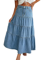 EMMIOL Long Denim Skirt for Women - High Waisted A-Line Jean Maxi Skirts Dark Wash Tiered Swing Jean Skirt with Pockets