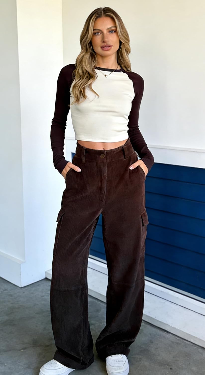 EMMIOL High-Waisted Corduroy Pants for Women, Bootcut Wide Leg Baggy | Cargo Vintage Style,Trousers Pants for women, Loose Fit, Adjustable Waist Buckle, Side Pocket,Trouser in Dark Brown Black