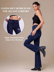 Women Stretchy Flare Jeans with Raw Hem