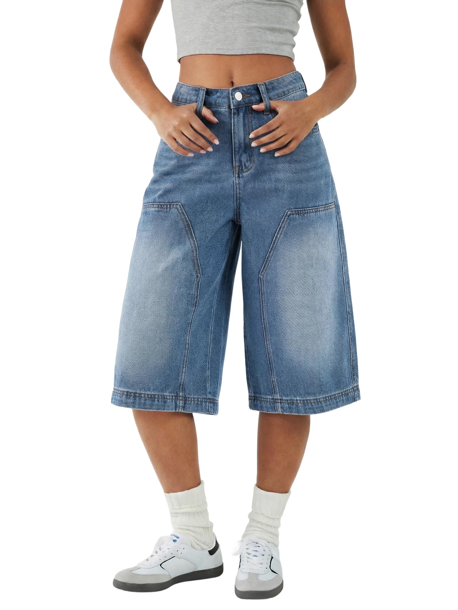 EMMIOL Bermuda Jean Shorts for Women Mid Waisted Denim Shorts | Knee Length, Baggy Jorts, Elastic Waist, Wide Leg, Jean Shorts with Pockets, Daily, Concert, Party, Relaxed Fit