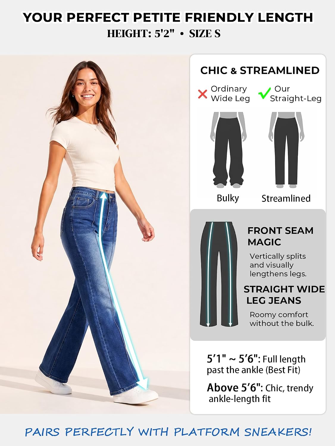 EMMIOL Straight Leg Jeans for Women High Waisted Petite Wide Leg Jeans | Baggy Jeans, Front Seamed, Petite Jeans for Women, Straight Leg, Stretchy Denim Pants with Pockets, High Rise