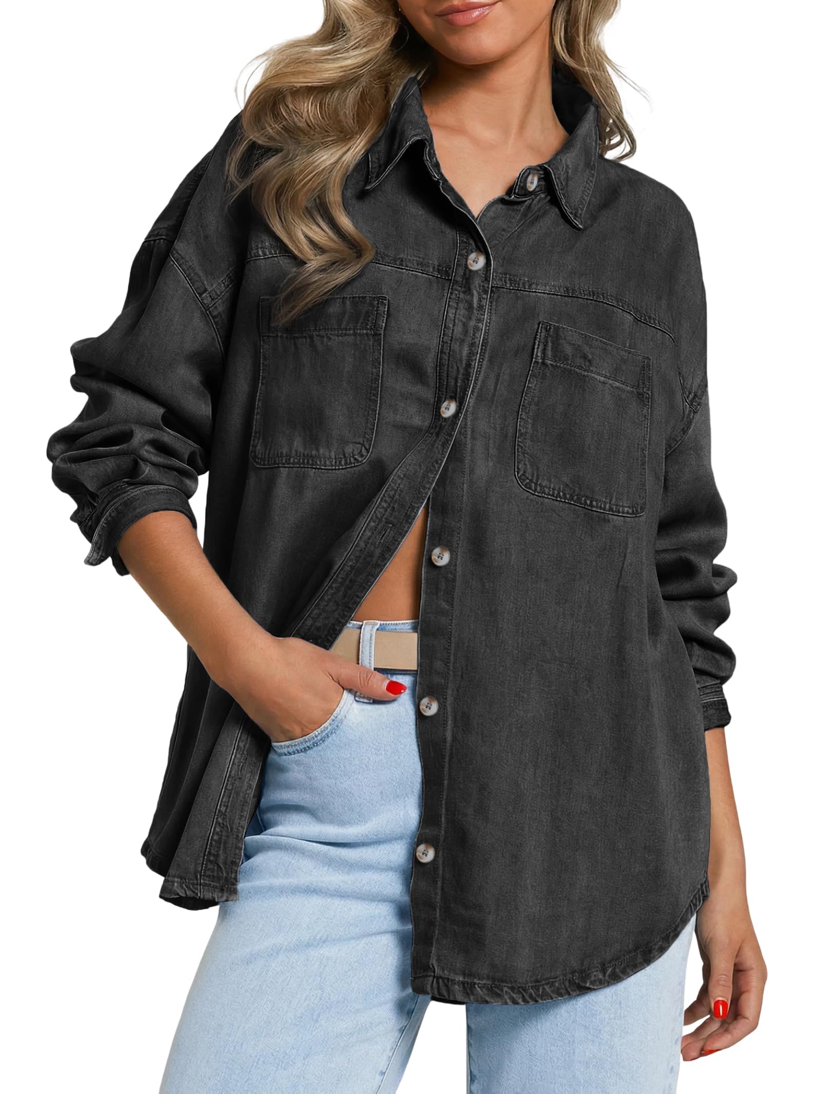 EMMIOL Women Denim Shirts Oversized Long Sleeve Button Down Blouse Distressed Jean Jacket Fall Outfits 2026