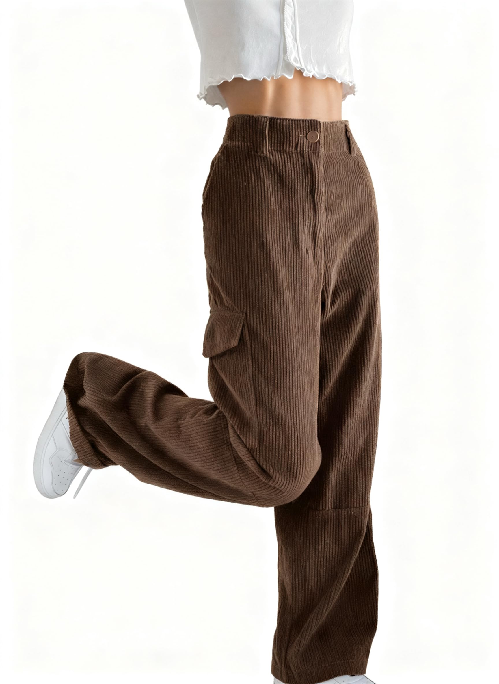 EMMIOL High-Waisted Corduroy Pants for Women, Bootcut Wide Leg Baggy | Cargo Vintage Style,Trousers Pants for women, Loose Fit, Adjustable Waist Buckle, Side Pocket,Trouser in Dark Brown Black