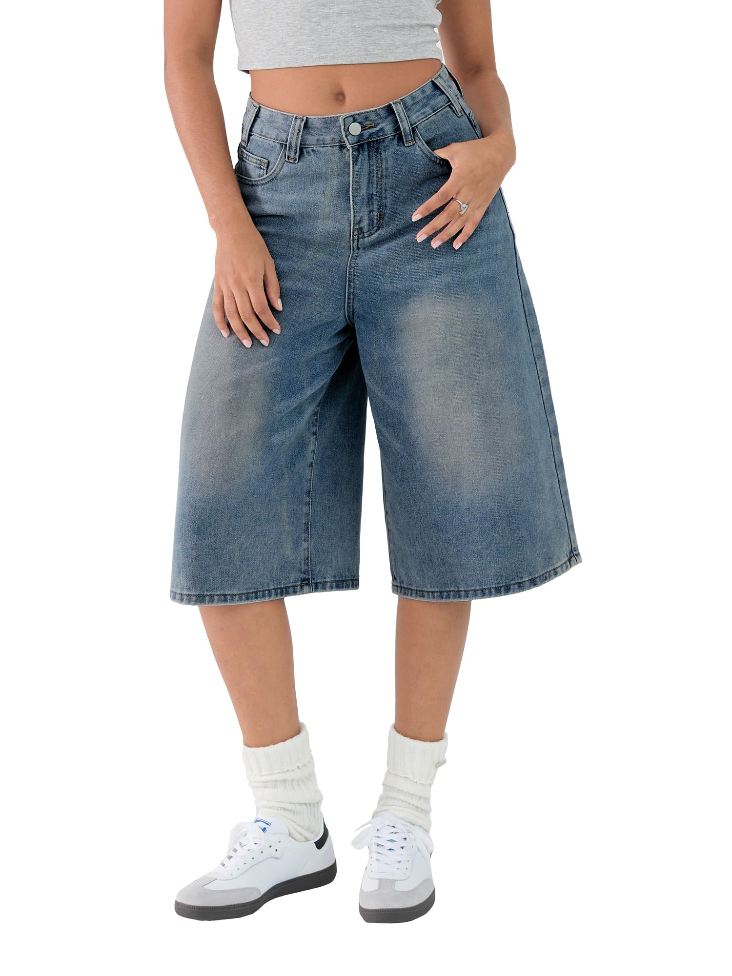 EMMIOL Machine Wash Y2K Jorts Women Wide Leg Baggy Long Jean Shorts Loose Fit Grunge Bermuda Denim Shorts