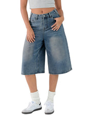 EMMIOL Machine Wash Y2K Jorts Women Wide Leg Baggy Long Jean Shorts Loose Fit Grunge Bermuda Denim Shorts