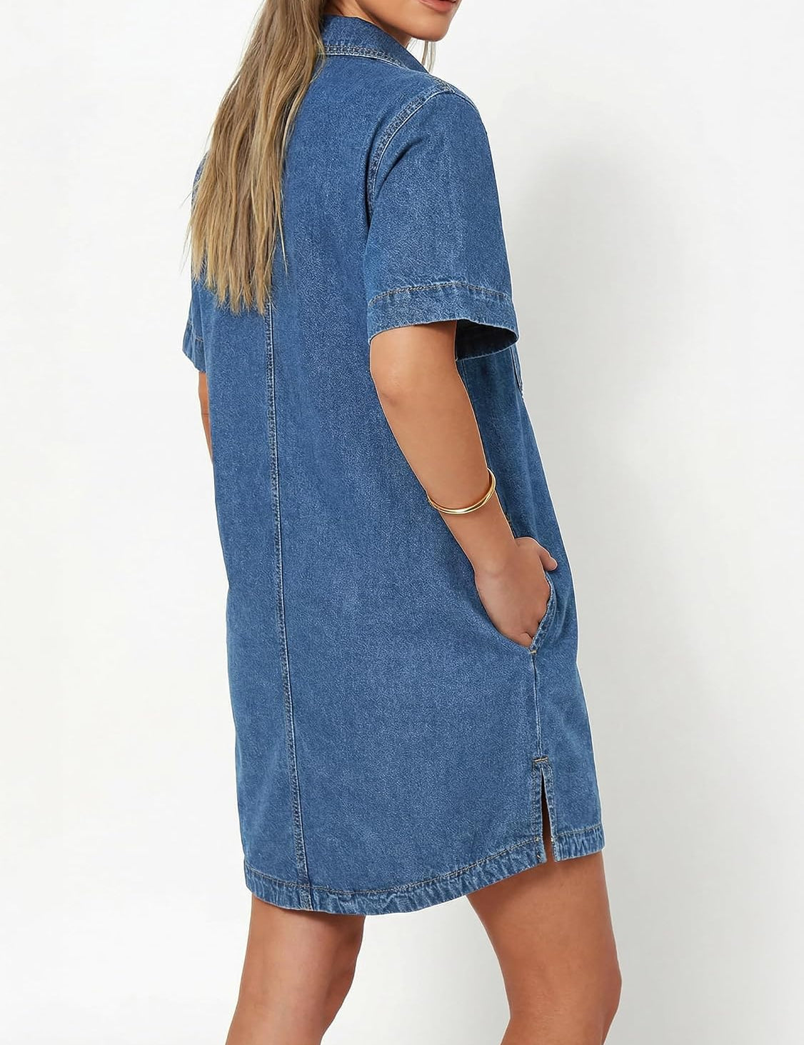 EMMIOL Button Down Denim Dress for Women - Short Sleeve Babydoll Mini Jean Shirt Dresses Summer Casual Trendy Outfits