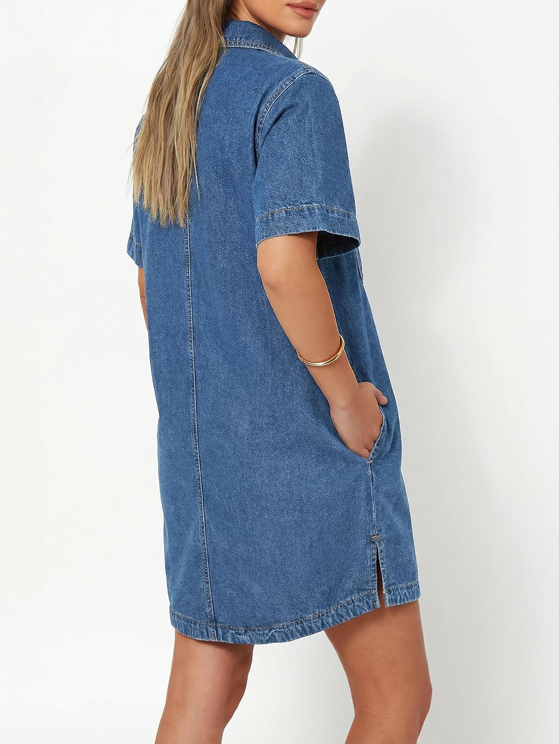 EMMIOL Button Down Denim Dress for Women - Short Sleeve Babydoll Mini Jean Shirt Dresses Summer Casual Trendy Outfits