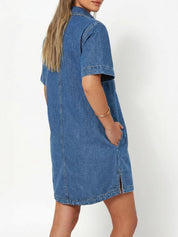EMMIOL Button Down Denim Dress for Women - Short Sleeve Babydoll Mini Jean Shirt Dresses Summer Casual Trendy Outfits