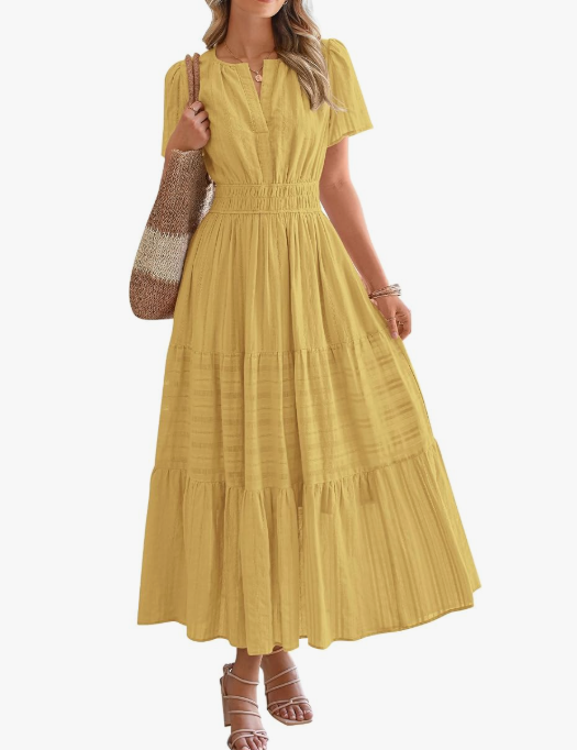 Women’s Short Sleeve V-Neck Boho Maxi Dress with Pockets