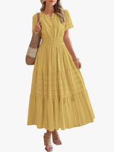 Women’s Short Sleeve V-Neck Boho Maxi Dress with Pockets