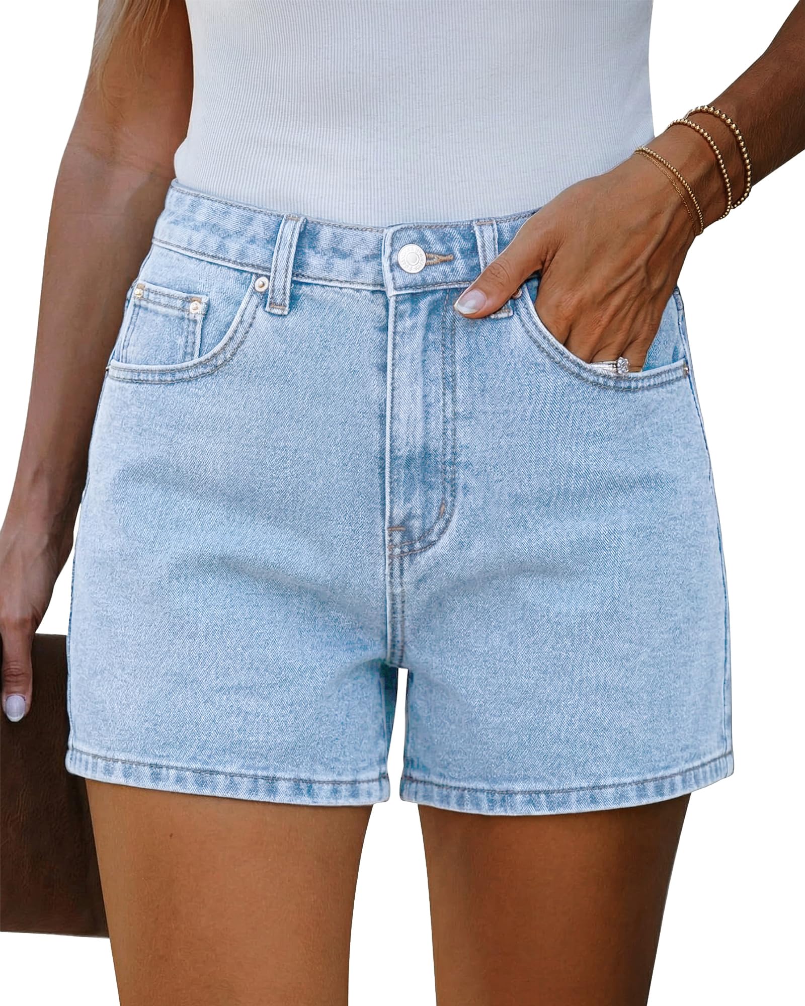 EMMIOL Jean Shorts Womens High Waisted Stretchy Jorts Summer | Vintage Button Y2K Denim Short Mid Length Casual Basic Solid Jeans Outfits with Front and Back Pockets