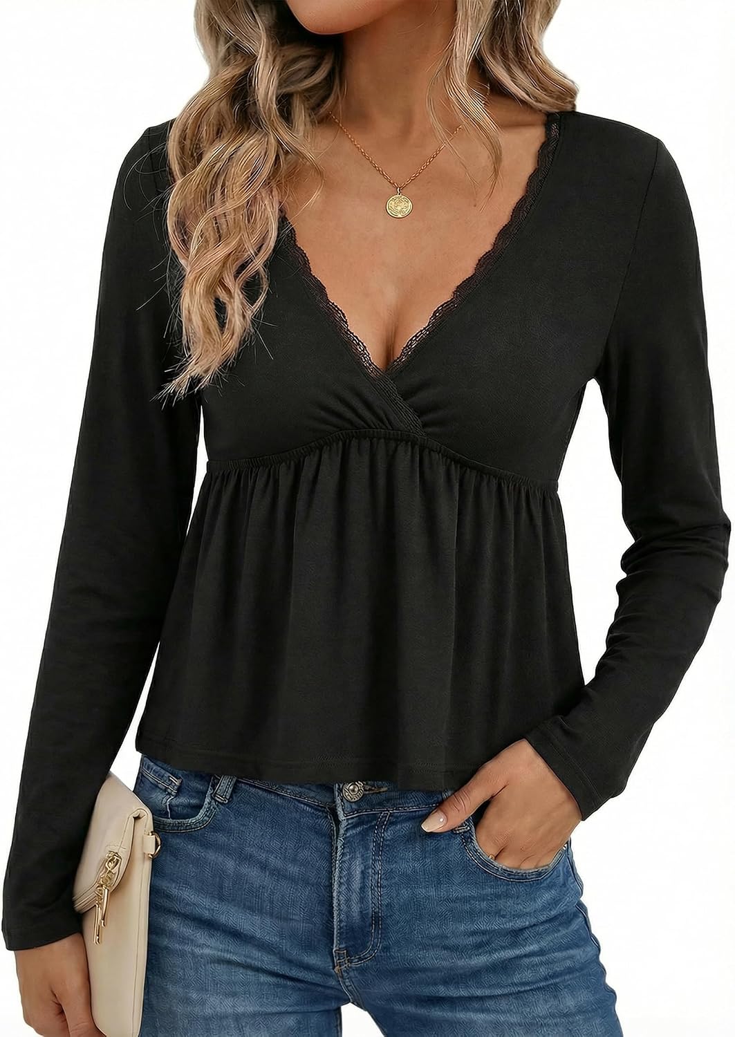EMMIOL Peplum Tops for Women Long Sleeve Babydoll Tops Cute Y2K Shirts | V Neck with Lace Trim T Shirts, Casual Going Out Top 2026, Fall Trendy, Cute Summer Blouse, Peplum Tops, Stretchy Fabric