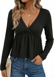 EMMIOL Peplum Tops for Women Long Sleeve Babydoll Tops Cute Y2K Shirts | V Neck with Lace Trim T Shirts, Casual Going Out Top 2026, Fall Trendy, Cute Summer Blouse, Peplum Tops, Stretchy Fabric