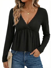 EMMIOL Peplum Tops for Women Long Sleeve Babydoll Tops Cute Y2K Shirts | V Neck with Lace Trim T Shirts, Casual Going Out Top 2026, Fall Trendy, Cute Summer Blouse, Peplum Tops, Stretchy Fabric