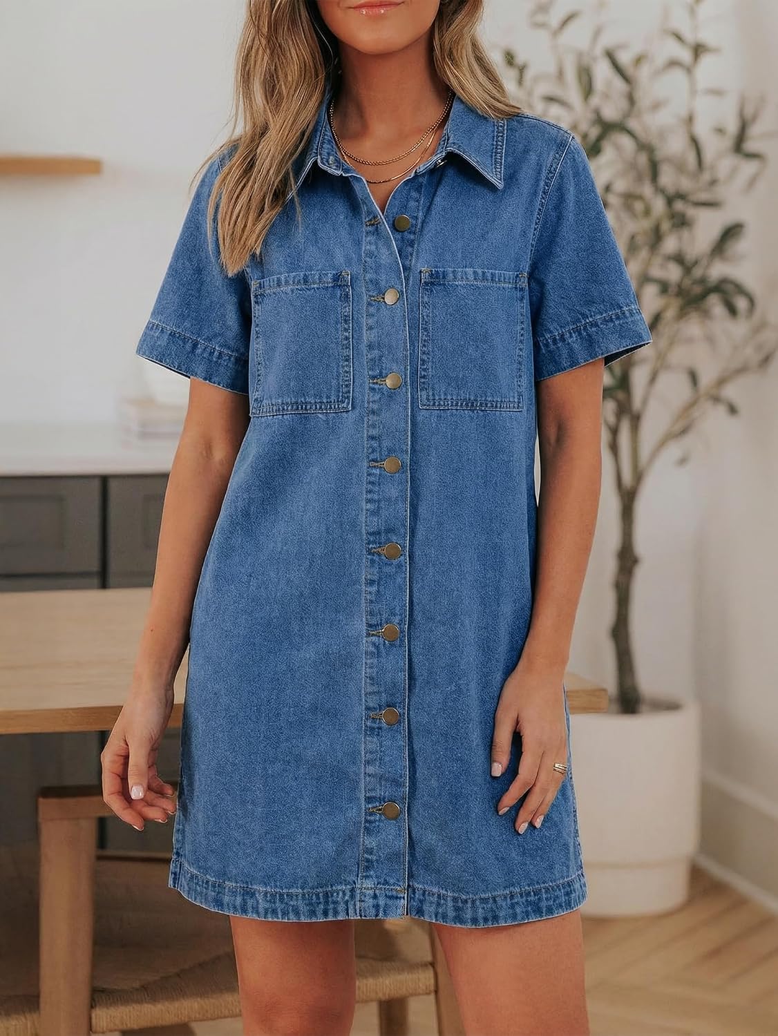 EMMIOL Button Down Denim Dress for Women - Short Sleeve Babydoll Mini Jean Shirt Dresses Summer Casual Trendy Outfits