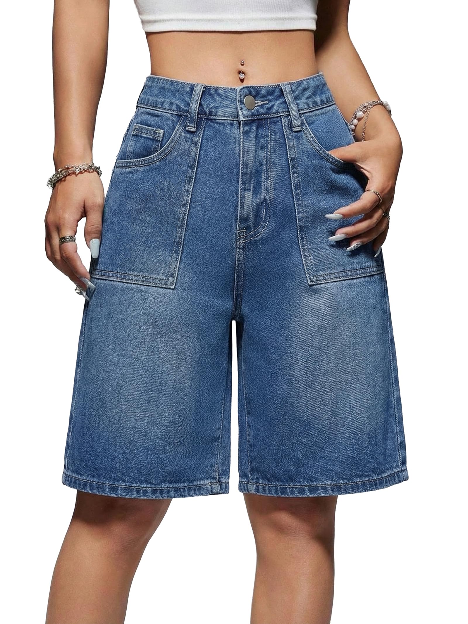 EMMIOL Women Jorts Wide Leg Jeans High Waisted Denim Bermuda Shorts | Knee Length,Casual Daily Wear,Trendy Outfits Summer Hot Short Pants 90S Streetwear with Pocket
