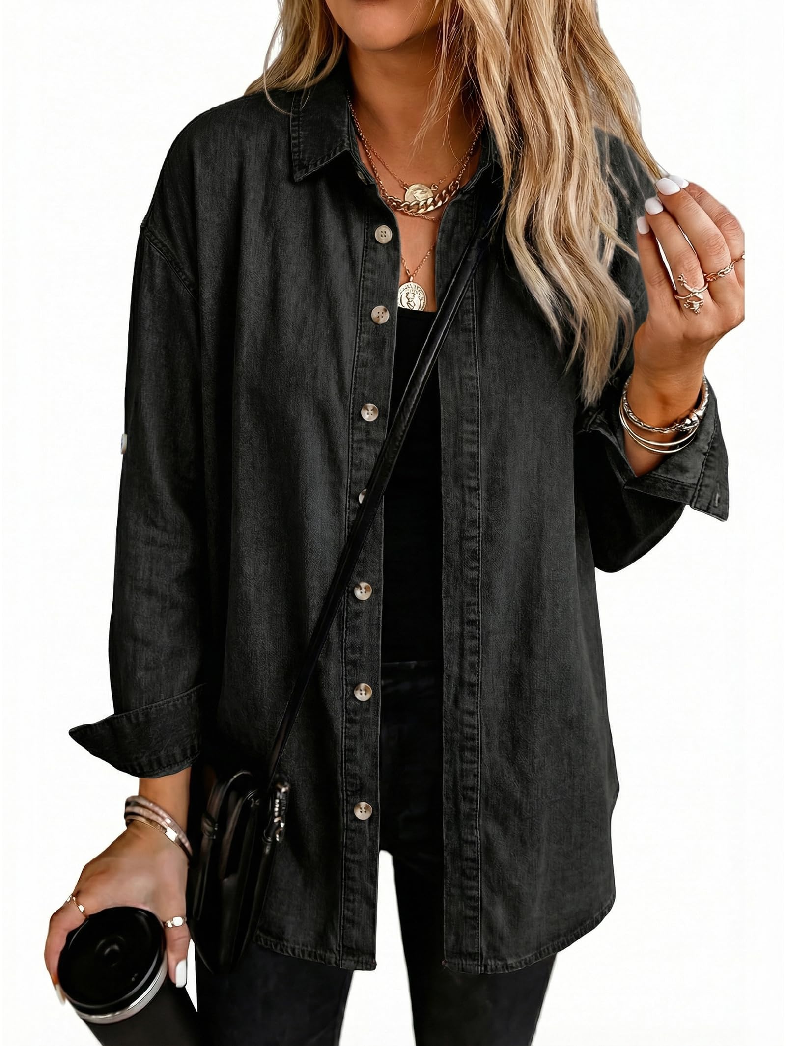 EMMIOL Denim Shirt for Women Long Sleeve Button Down Blouse Casual Tops | Hidden Button Design, Roll Up Sleeves, V Neck, 100% Cotton Fabric, Relaxed Fit, Oversized Jean Shirt, 2026 Jean Jacket Coat