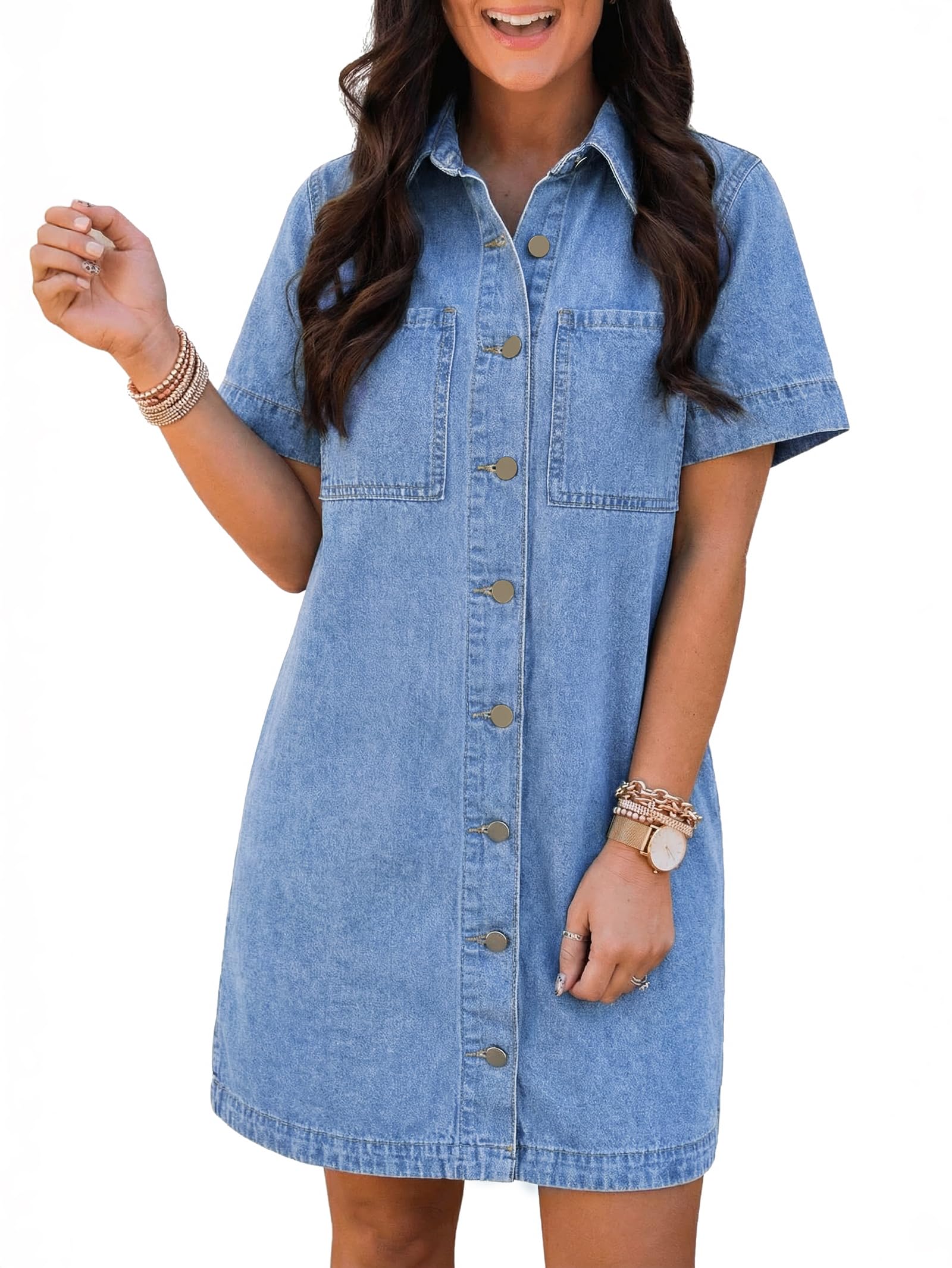 EMMIOL Button Down Denim Dress for Women - Short Sleeve Babydoll Mini Jean Shirt Dresses Summer Casual Trendy Outfits