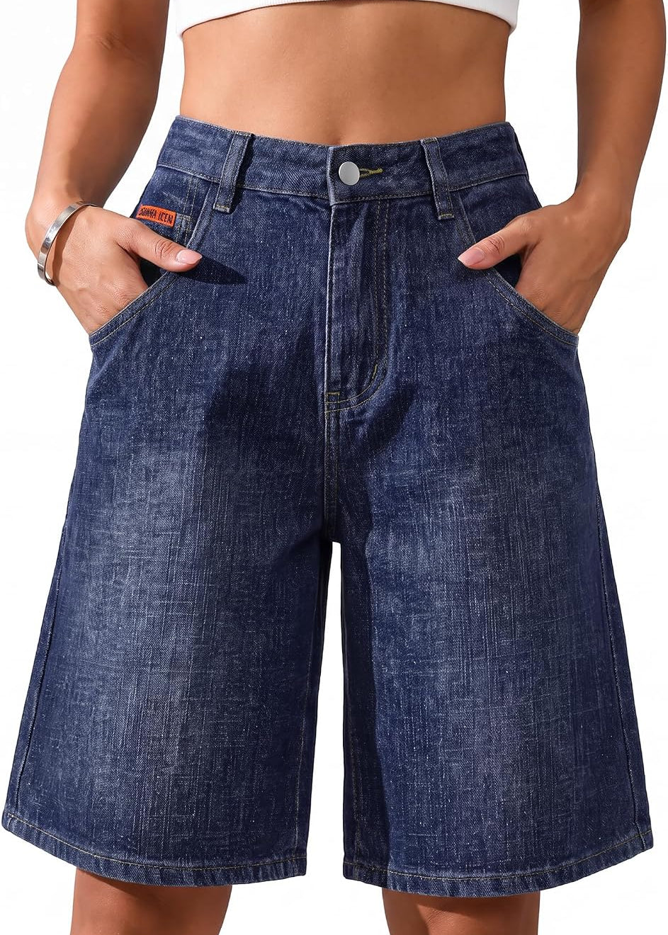 EMMIOL Bermuda Jean Shorts for Women Mid Waisted Denim Shorts | Knee Length, Baggy Jorts, Elastic Waist, Wide Leg, Jean Shorts with Pockets, Daily, Concert, Party, Relaxed Fit