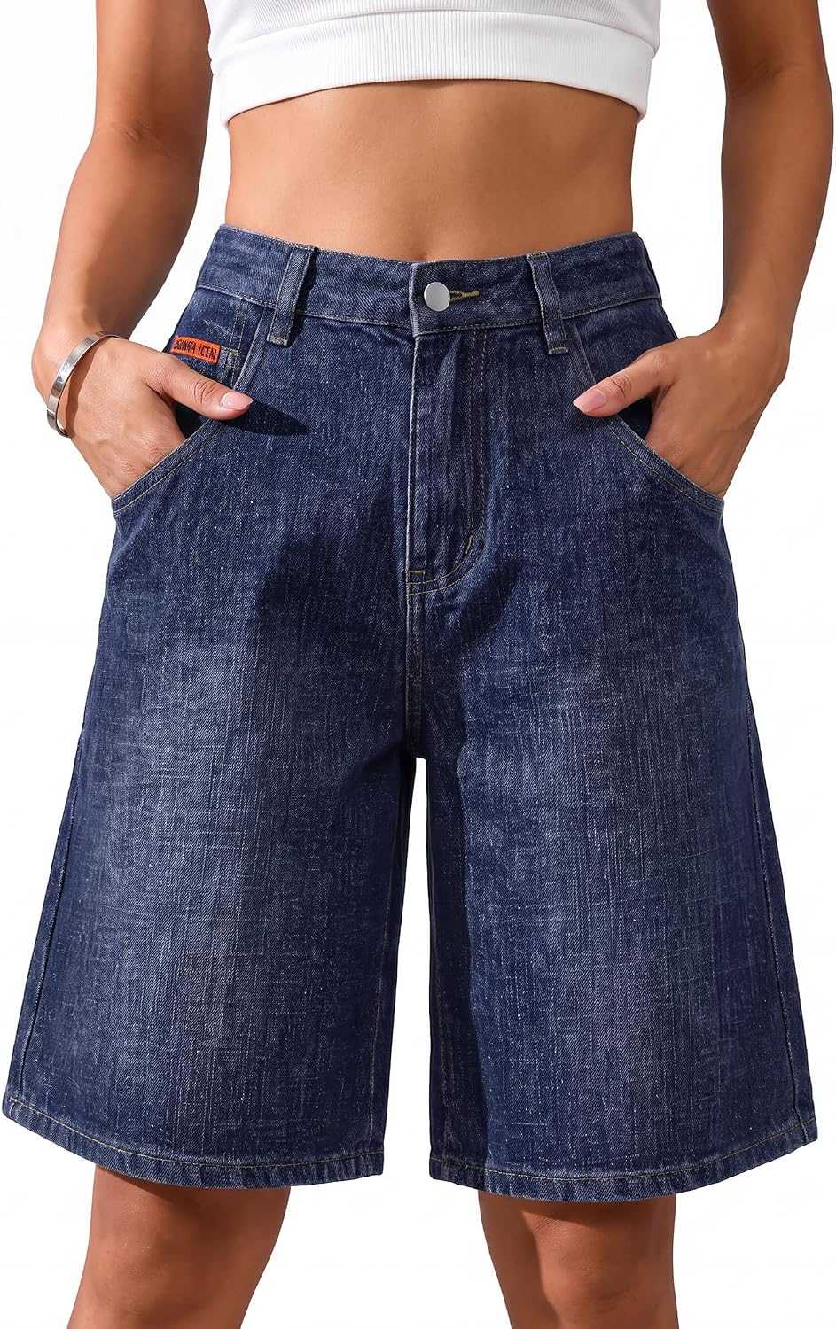 EMMIOL Bermuda Jean Shorts for Women Mid Waisted Denim Shorts | Knee Length, Baggy Jorts, Elastic Waist, Wide Leg, Jean Shorts with Pockets, Daily, Concert, Party, Relaxed Fit