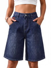 EMMIOL Bermuda Jean Shorts for Women Mid Waisted Denim Shorts | Knee Length, Baggy Jorts, Elastic Waist, Wide Leg, Jean Shorts with Pockets, Daily, Concert, Party, Relaxed Fit