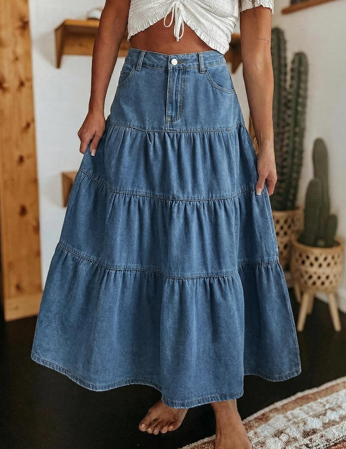 EMMIOL Long Denim Skirt for Women - High Waisted A-Line Jean Maxi Skirts Dark Wash Tiered Swing Jean Skirt with Pockets
