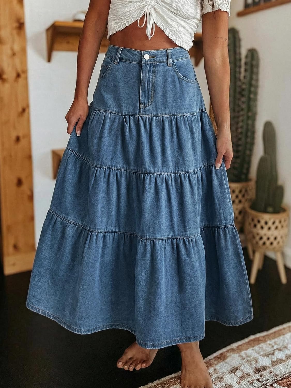 EMMIOL Long Denim Skirt for Women - High Waisted A-Line Jean Maxi Skirts Dark Wash Tiered Swing Jean Skirt with Pockets
