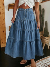 EMMIOL Long Denim Skirt for Women - High Waisted A-Line Jean Maxi Skirts Dark Wash Tiered Swing Jean Skirt with Pockets