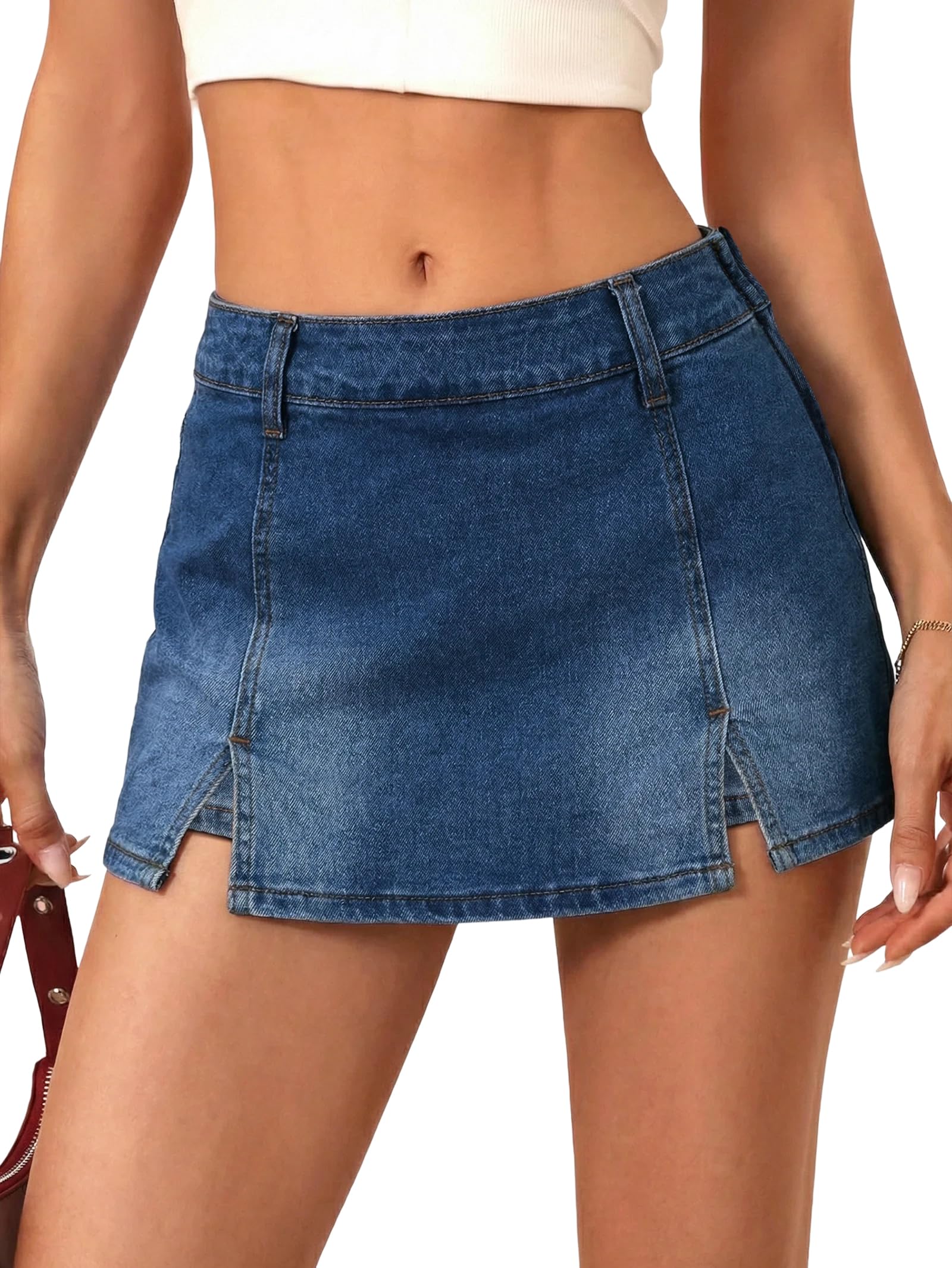 EMMIOL Denim Mini Skirt for Women - Mid Waisted Stretch Side Zipper Skort Y2k Casual Jean Skirts with Shorts Underneath