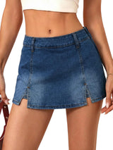 Mid Waisted Side Zipper Denim Skort