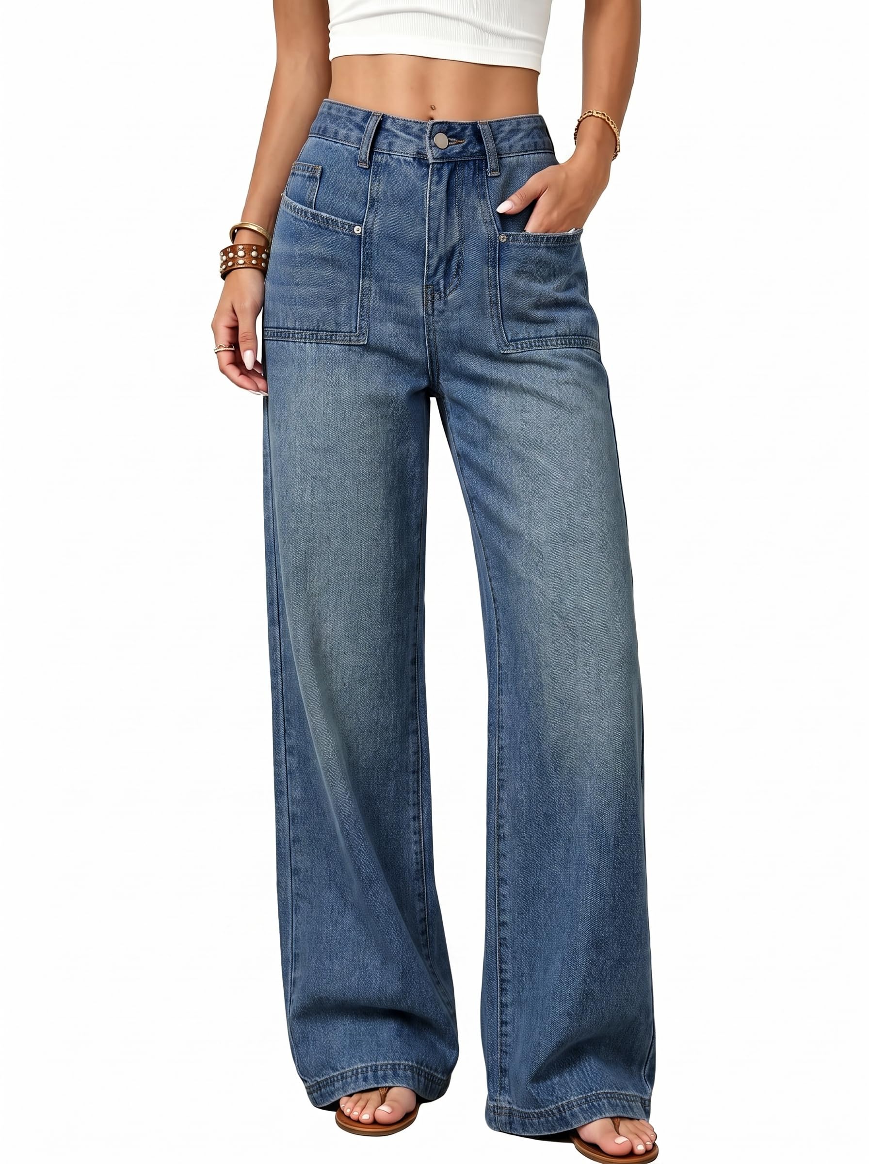 EMMIOL Baggy Jeans Women High Waisted Wide Leg Jeans | Patchwork Pockets,Y2K Boyfriend Denim Pants,Back to School Outfits for women