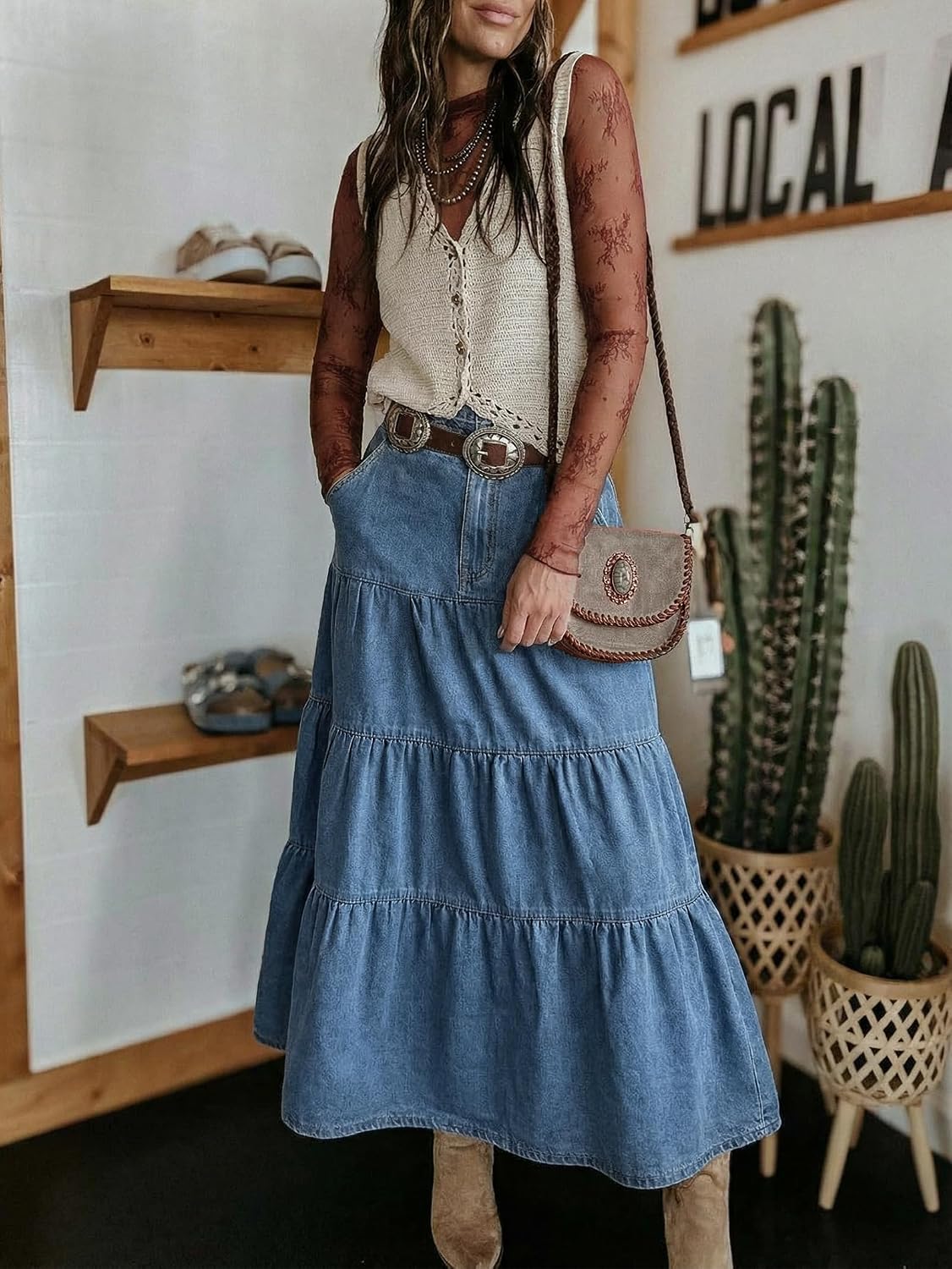 EMMIOL Long Denim Skirt for Women - High Waisted A-Line Jean Maxi Skirts Dark Wash Tiered Swing Jean Skirt with Pockets