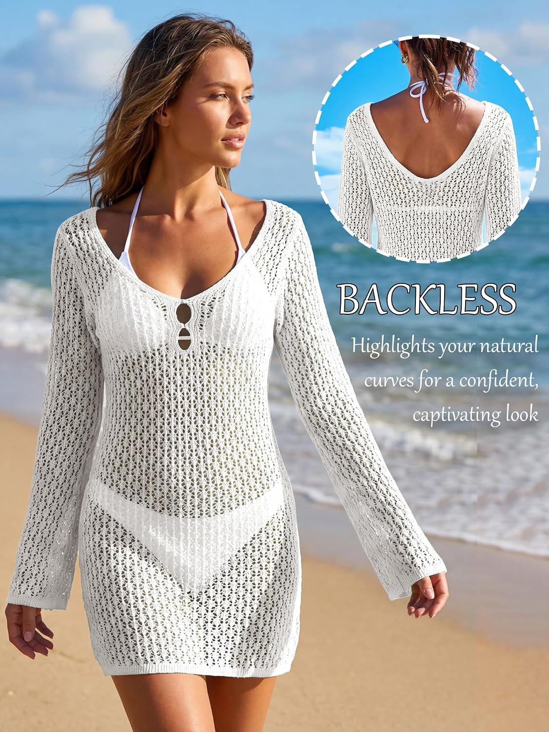 EMMIOL Swimsuit Coverup for Women Crochet V Neck Long Sleeves Beach Dress | Backless Bathing Suit Bikini Vacation Swimwear