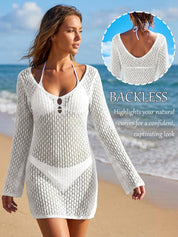 EMMIOL Swimsuit Coverup for Women Crochet V Neck Long Sleeves Beach Dress | Backless Bathing Suit Bikini Vacation Swimwear