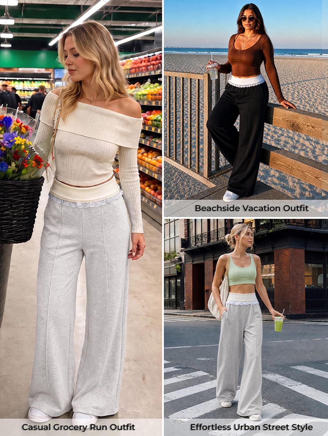 EMMIOL Wide Leg Sweatpants Women Foldover Lace Trim Baggy Lounge Pants | Stretchy Yoga Pants,Y2K Look,Back to School Outfits