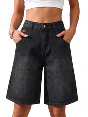 EMMIOL Bermuda Jean Shorts for Women Mid Waisted Denim Shorts | Knee Length, Baggy Jorts, Elastic Waist, Wide Leg, Jean Shorts with Pockets, Daily, Concert, Party, Relaxed Fit
