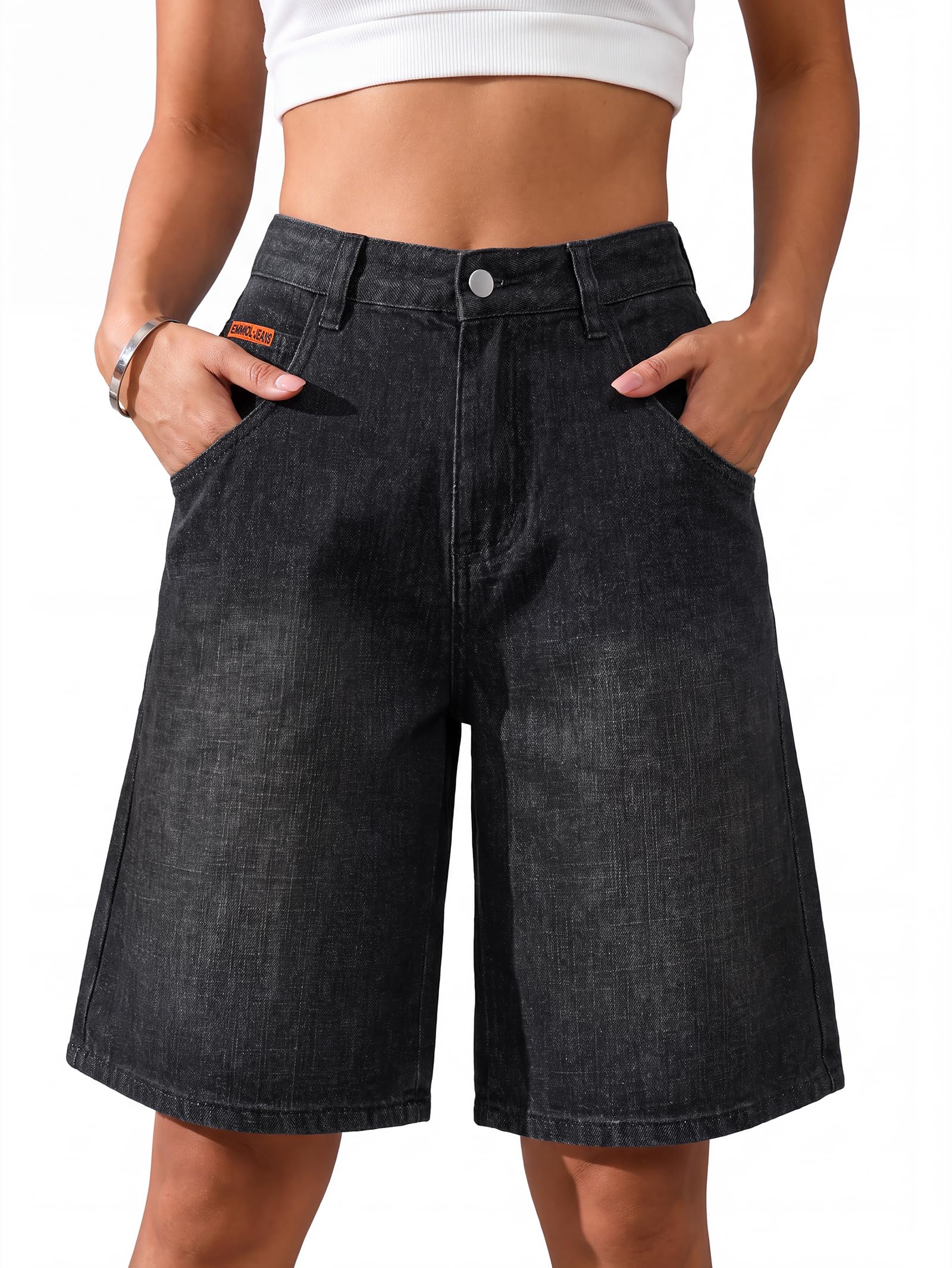 EMMIOL Bermuda Jean Shorts for Women Mid Waisted Denim Shorts | Knee Length, Baggy Jorts, Elastic Waist, Wide Leg, Jean Shorts with Pockets, Daily, Concert, Party, Relaxed Fit
