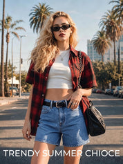 EMMIOL Jean Shorts Womens High Waisted Stretchy Jorts Summer | Vintage Button Y2K Denim Short Mid Length Casual Basic Solid Jeans Outfits with Front and Back Pockets