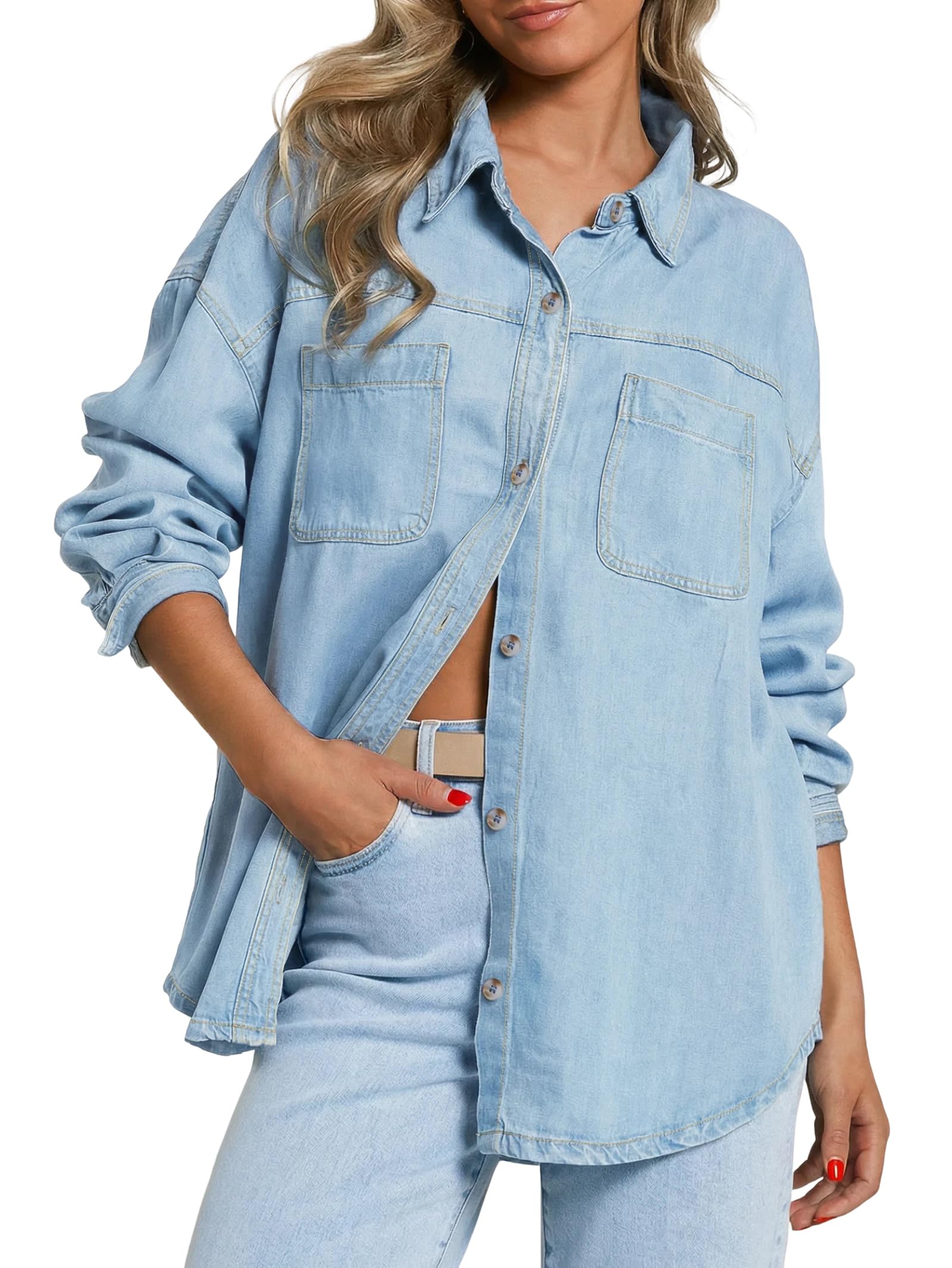 EMMIOL Women Denim Shirts Oversized Long Sleeve Button Down Blouse Distressed Jean Jacket Fall Outfits 2026