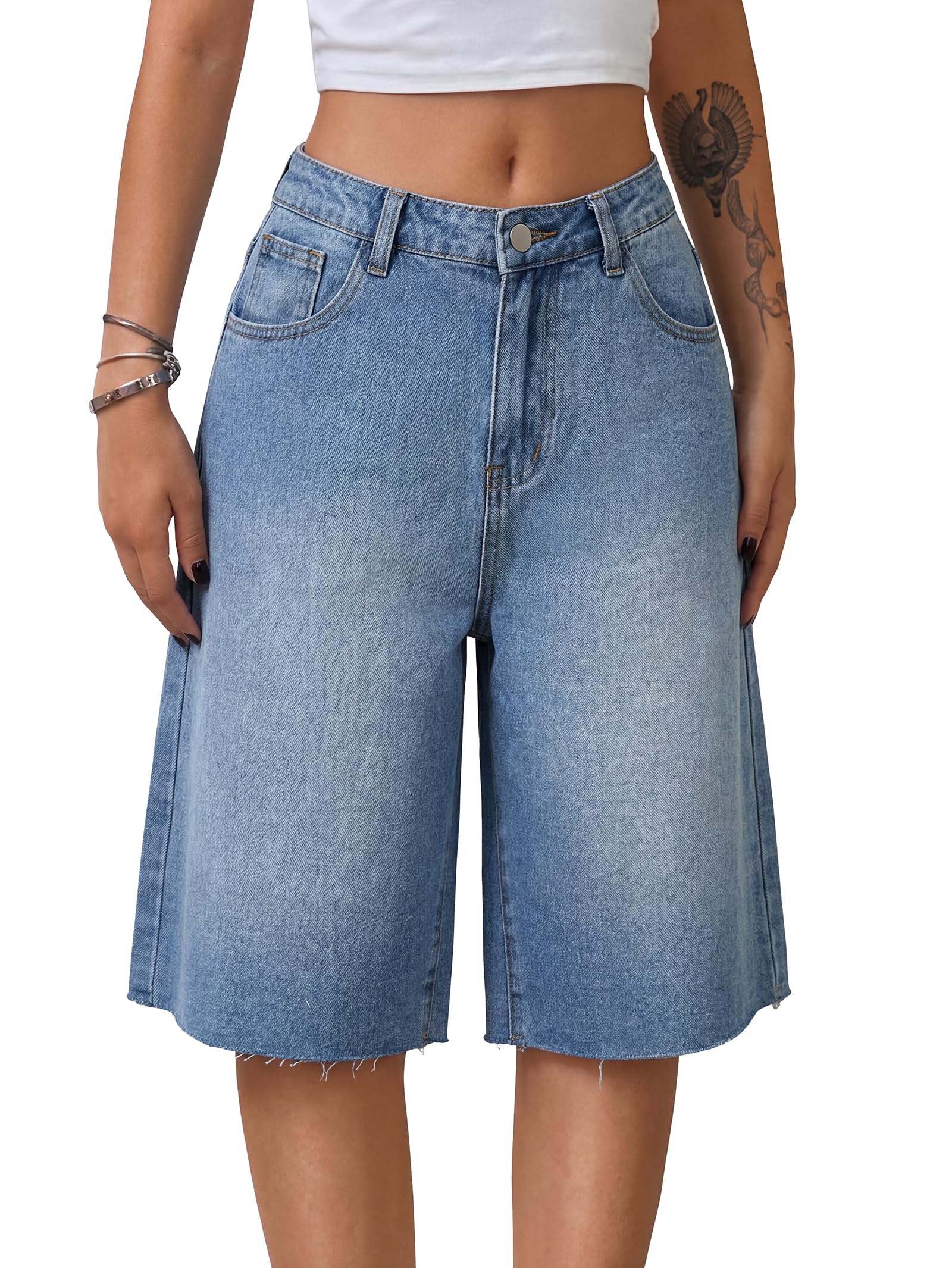 EMMIOL Women Jorts Wide Leg Jeans High Waisted Denim Bermuda Shorts | Knee Length,Casual Daily Wear,Trendy Outfits Summer Hot Short Pants 90S Streetwear with Pocket