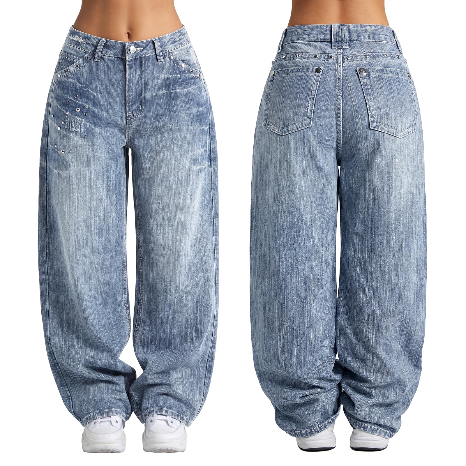 EMMIOL Women Boyfriends Hip Hop 90s Vintage Baggy Jeans Loose Denim Pants Mid Waist Jeans