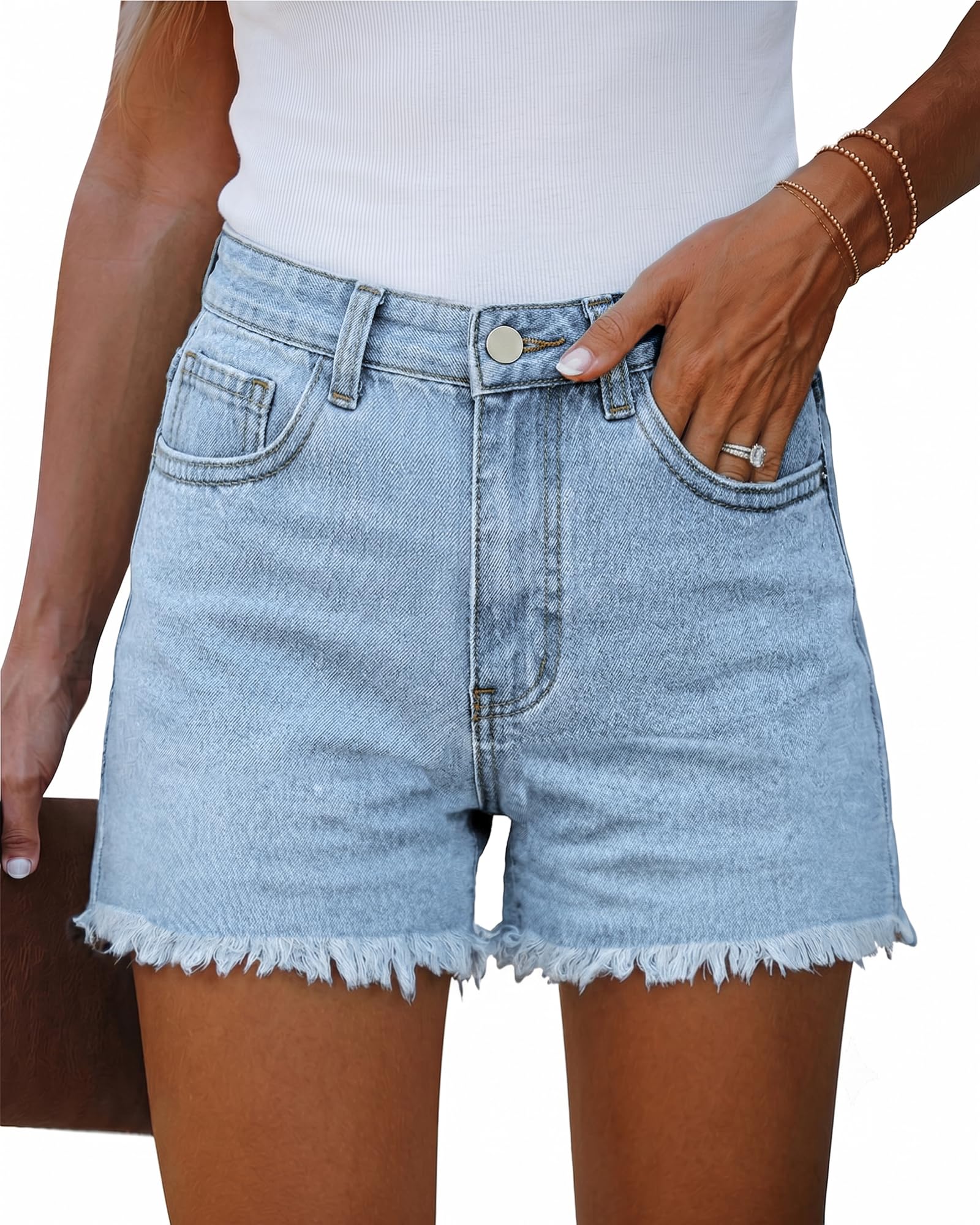 EMMIOL Jean Shorts Womens High Waisted Stretchy Jorts Summer | Vintage Button Y2K Denim Short Mid Length Casual Basic Solid Jeans Outfits with Front and Back Pockets