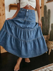 EMMIOL Long Denim Skirt for Women - High Waisted A-Line Jean Maxi Skirts Dark Wash Tiered Swing Jean Skirt with Pockets