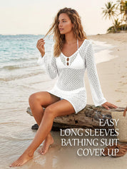EMMIOL Swimsuit Coverup for Women Crochet V Neck Long Sleeves Beach Dress | Backless Bathing Suit Bikini Vacation Swimwear