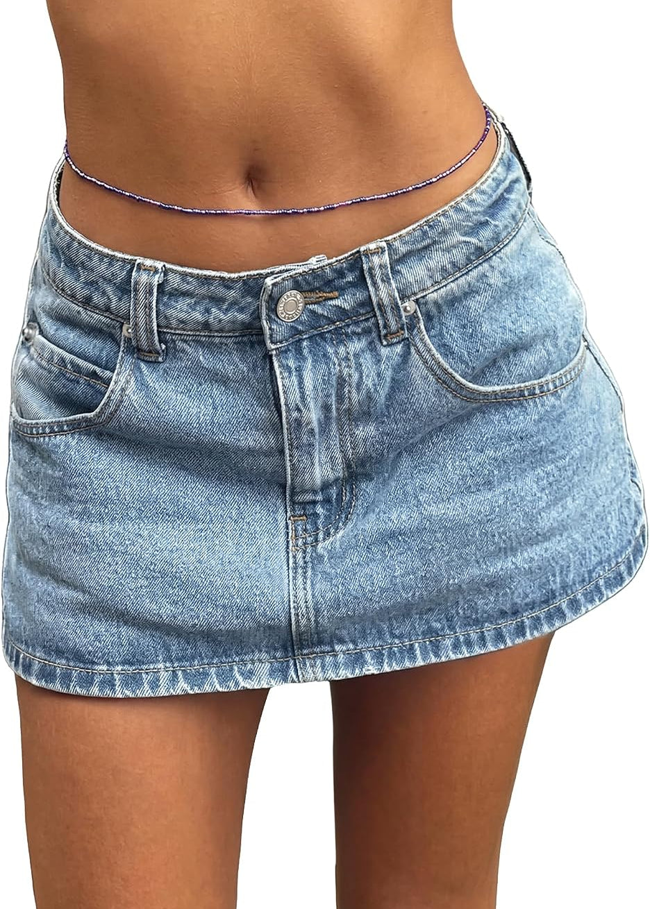 EMMIOL Jean Skirts for Women Mid Rise Summer Denim Skirt with Undershorts | Trendy Y2k Clothes Cotton-blend Denim Mini Skirt with Built-in Undershorts, Parties, Festivals, Dates, Vacations