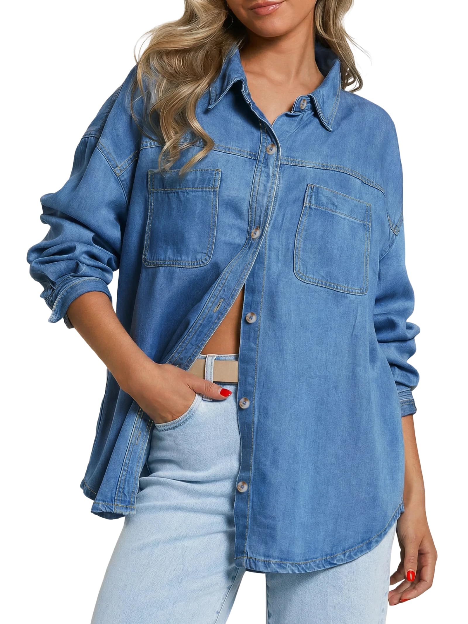 Oversized Distressed Button Down Denim Jacket